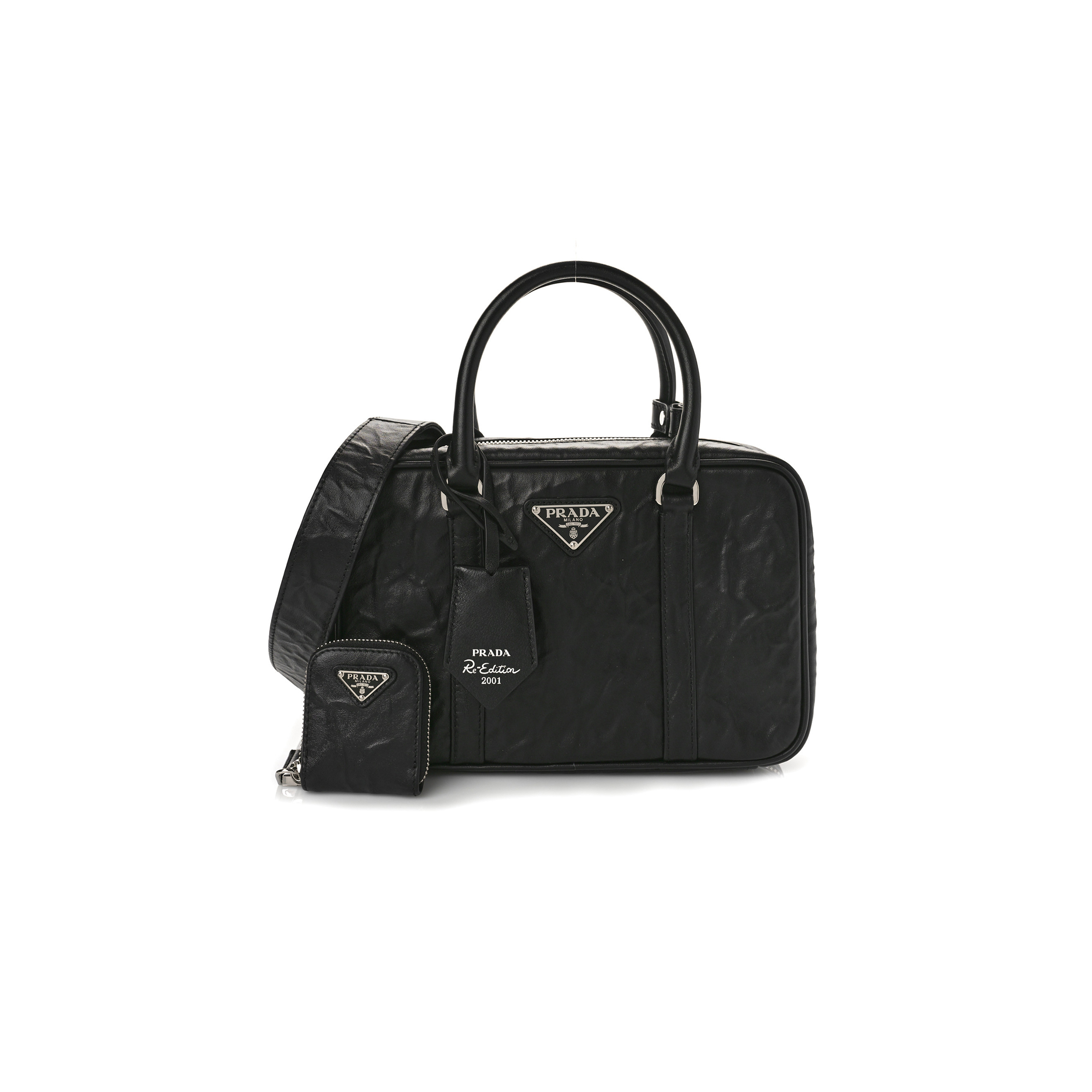 PRADA NAPPA ANTIQUE MEDIUM RE-EDITION 2001 TWO HANDLE BAG BLACK 1BB092 (24*15.5*7cm)